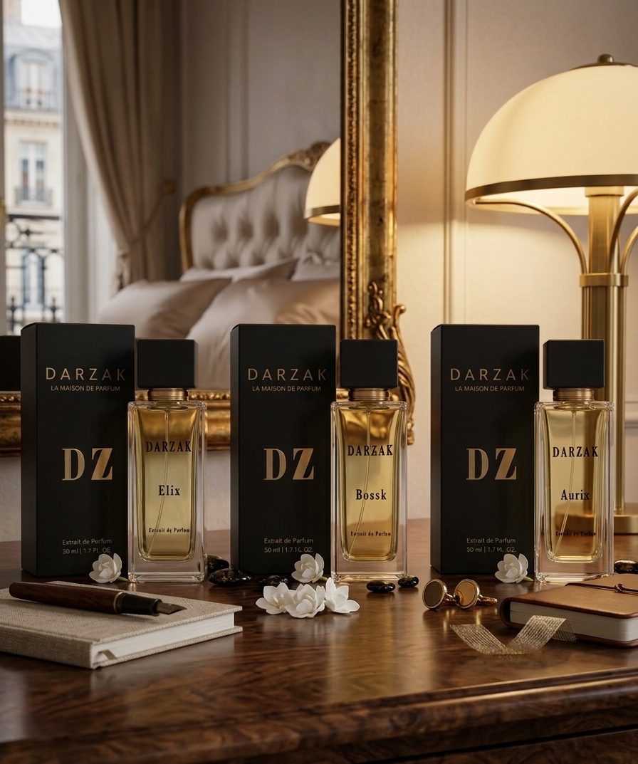 DARZAK Discovery Set luxury perfume lifestyle with three Extrait de Parfum bottles